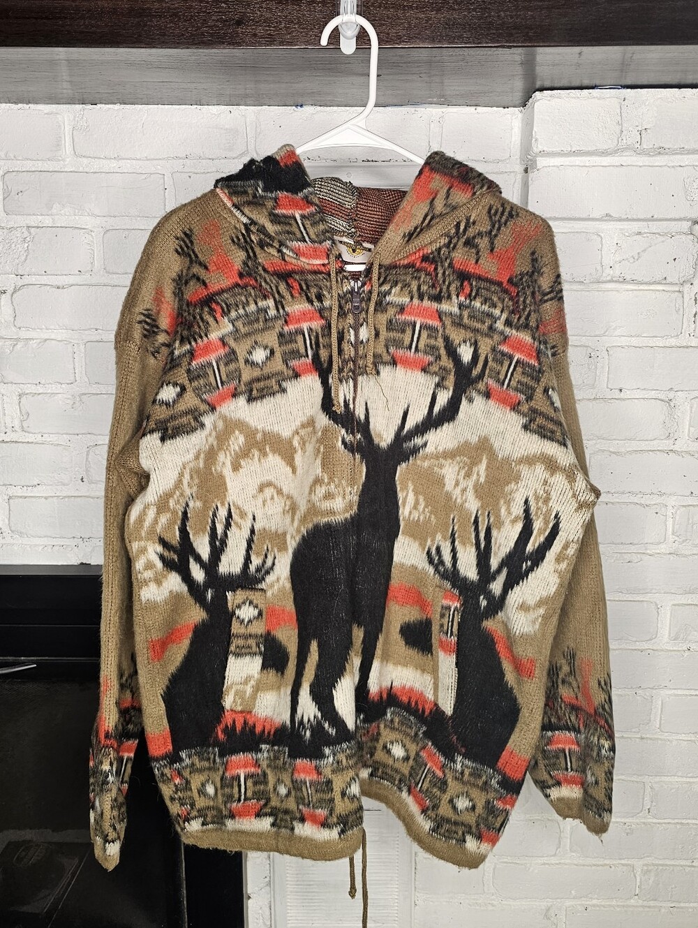 Hooded Zip Up with Elk Motif - Tan & Black